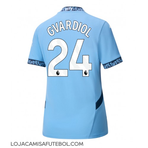 Camisa de Futebol Manchester City Josko Gvardiol #24 Equipamento Principal Mulheres 2024-25 Manga Curta